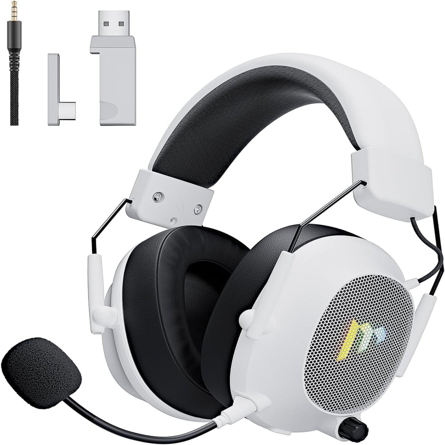 Tac Master 2.4Ghz Wireless Gaming Headset with Noise Canceling Microphone for PC, PS4, PS5, Mac, Bluetooth 5.3 Gaming Headphones with RGB Light, Surround Sound, 50H Battery (White)