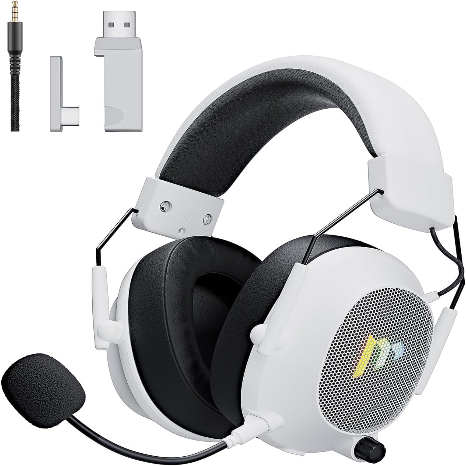 Tac Master 2.4Ghz Wireless Gaming Headset with Noise Canceling Microphone for PC, PS4, PS5, Mac, Bluetooth 5.3 Gaming Headphones with RGB Light, Surround Sound, 50H Battery (White)